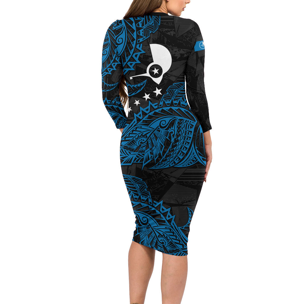 Yap Island Tribal Heritage Long Sleeve Bodycon Dress Micronesian Polynesian Tattoo Pattern Blue Black Cultural Art