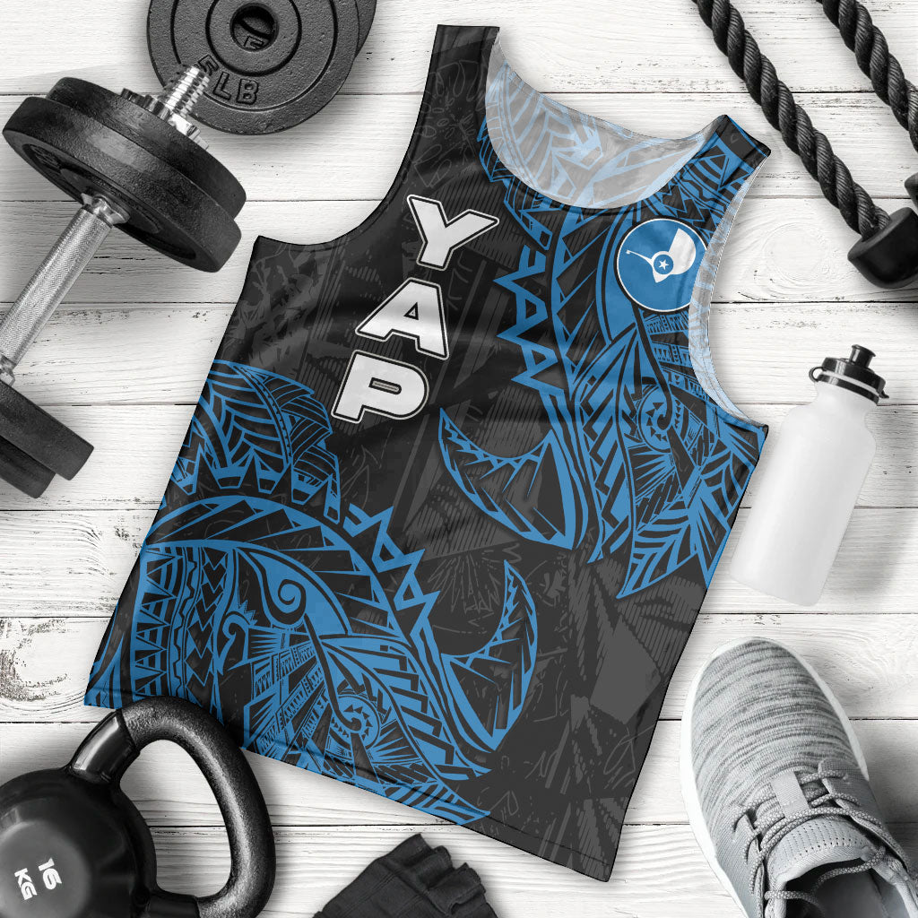 Yap Island Tribal Heritage Men Tank Top Micronesian Polynesian Tattoo Pattern Blue Black Cultural Art