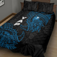 Yap Island Tribal Heritage Quilt Bed Set Micronesian Polynesian Tattoo Pattern Blue Black Cultural Art