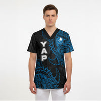 Yap Island Tribal Heritage Scrub Top Micronesian Polynesian Tattoo Pattern Blue Black Cultural Art