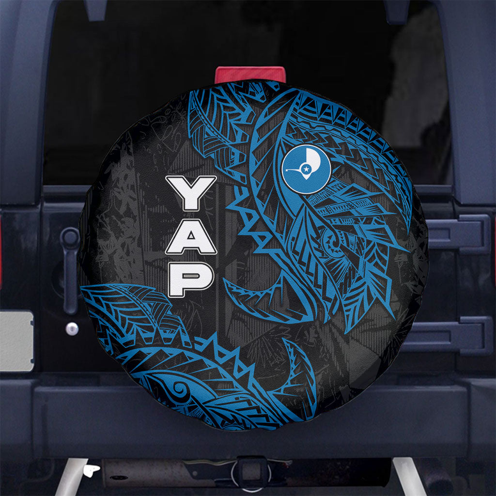 Yap Island Tribal Heritage Spare Tire Cover Micronesian Polynesian Tattoo Pattern Blue Black Cultural Art