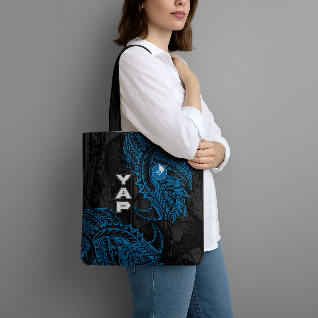 Yap Island Tribal Heritage Tote Bag Micronesian Polynesian Tattoo Pattern Blue Black Cultural Art