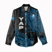 Yap Island Tribal Heritage Women Casual Shirt Micronesian Polynesian Tattoo Pattern Blue Black Cultural Art