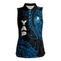 Yap Island Tribal Heritage Women Sleeveless Polo Shirt Micronesian Polynesian Tattoo Pattern Blue Black Cultural Art