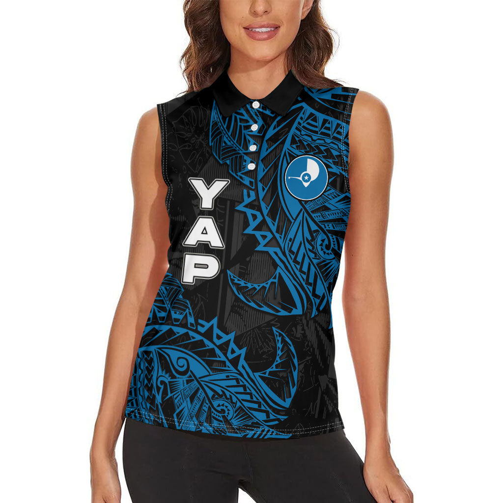Yap Island Tribal Heritage Women Sleeveless Polo Shirt Micronesian Polynesian Tattoo Pattern Blue Black Cultural Art