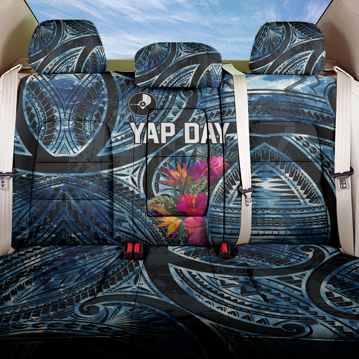 Yap Day Island Floral Tribal Heritage Back Car Seat Cover Micronesian Hibiscus Pattern Polynesian Tattoo Blue Art