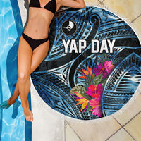 Yap Day Island Floral Tribal Heritage Beach Blanket Micronesian Hibiscus Pattern Polynesian Tattoo Blue Art