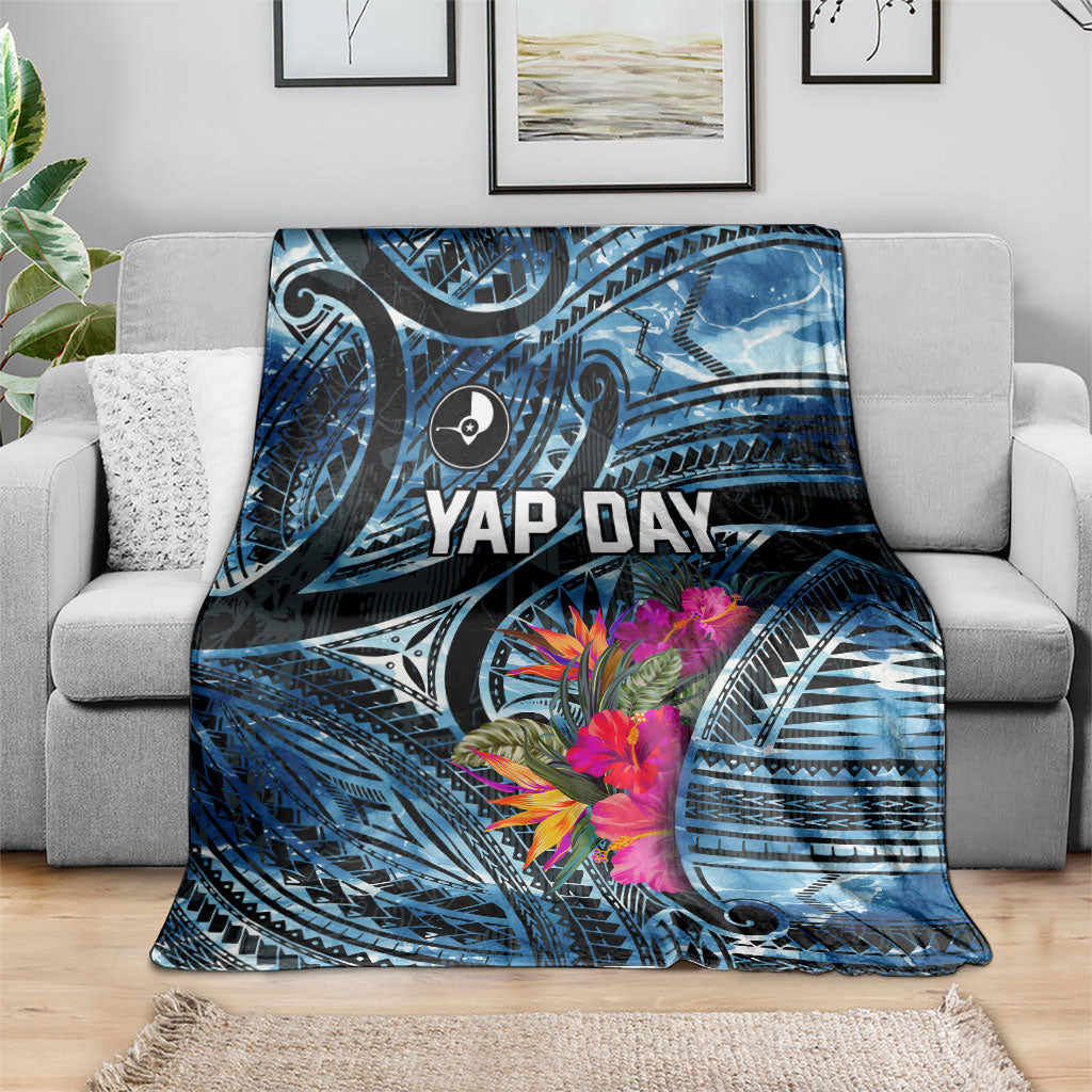 Yap Day Island Floral Tribal Heritage Blanket Micronesian Hibiscus Pattern Polynesian Tattoo Blue Art