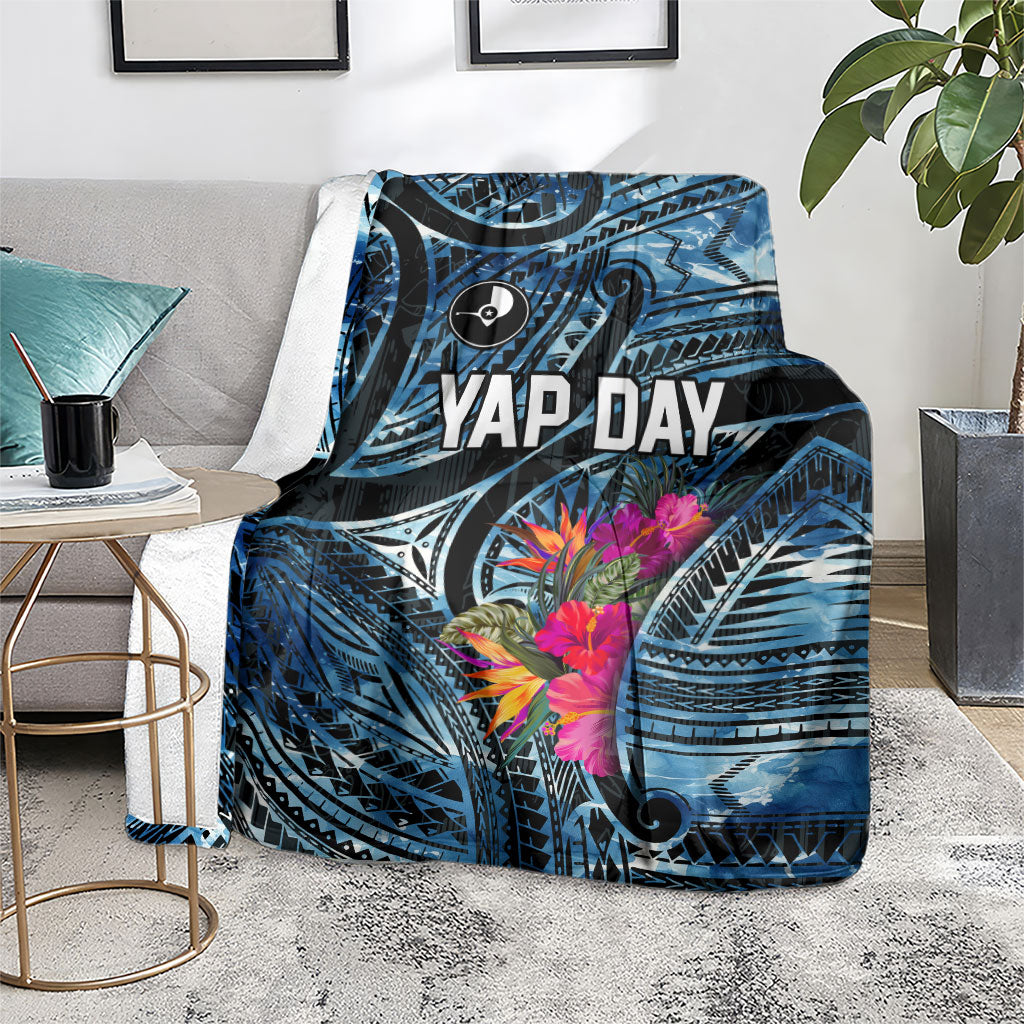 Yap Day Island Floral Tribal Heritage Blanket Micronesian Hibiscus Pattern Polynesian Tattoo Blue Art