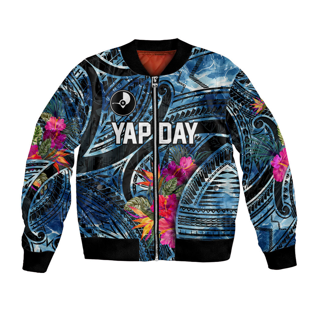 Yap Day Island Floral Tribal Heritage Bomber Jacket Micronesian Hibiscus Pattern Polynesian Tattoo Blue Art