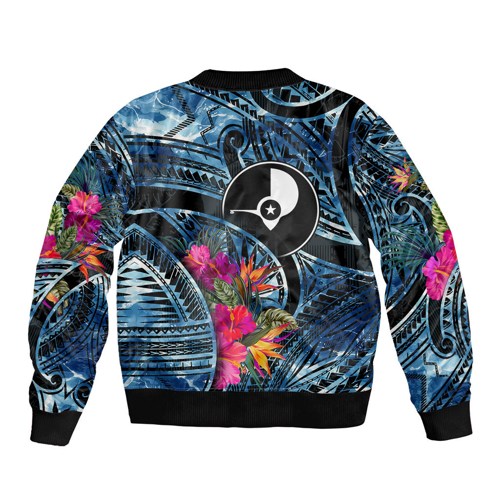 Yap Day Island Floral Tribal Heritage Bomber Jacket Micronesian Hibiscus Pattern Polynesian Tattoo Blue Art