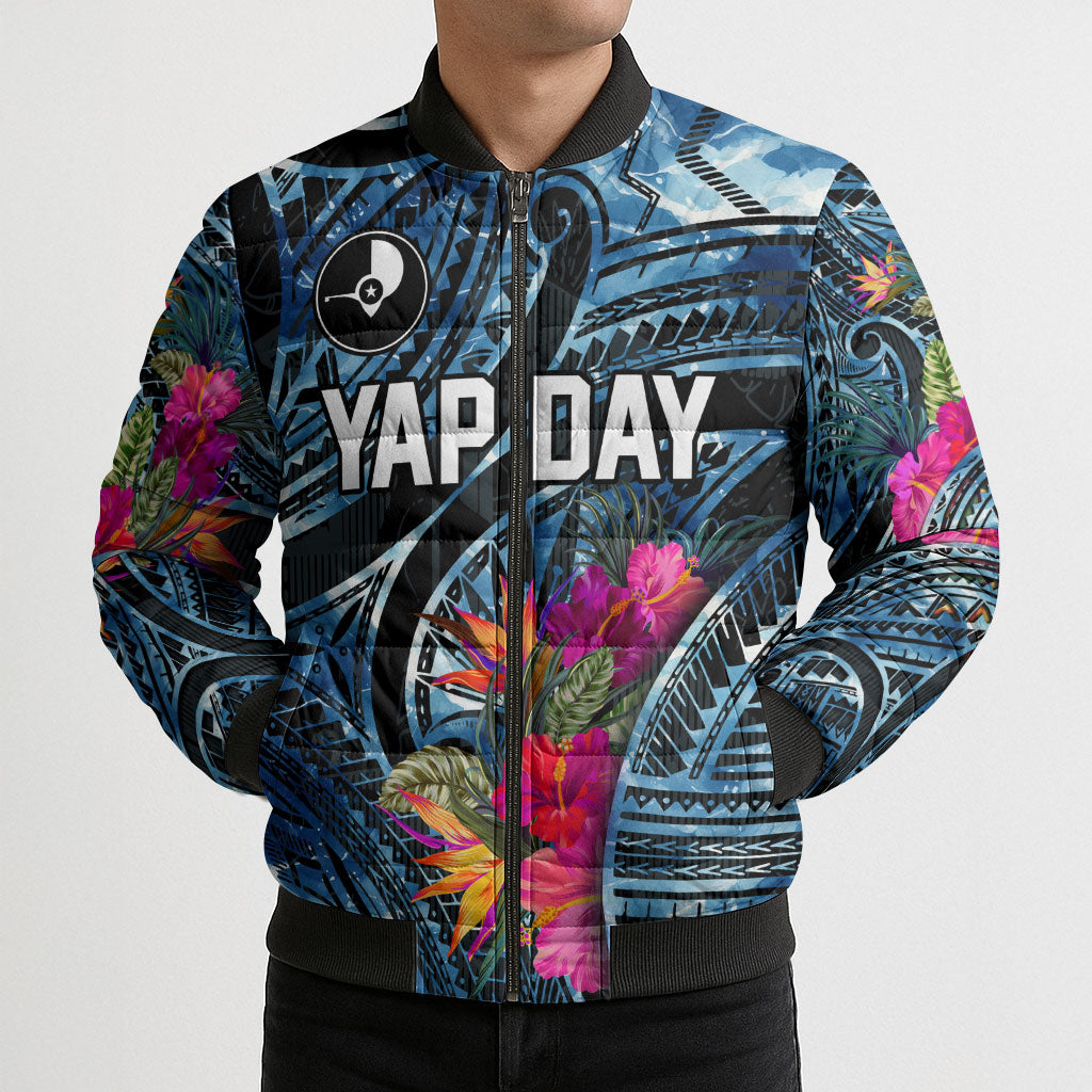 Yap Day Island Floral Tribal Heritage Bomber Puffer Jacket Micronesian Hibiscus Pattern Polynesian Tattoo Blue Art