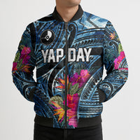 Yap Day Island Floral Tribal Heritage Bomber Puffer Jacket Micronesian Hibiscus Pattern Polynesian Tattoo Blue Art