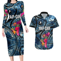 Yap Day Island Floral Tribal Heritage Couples Matching Long Sleeve Bodycon Dress and Hawaiian Shirt Micronesian Hibiscus Pattern Polynesian Tattoo Blue Art