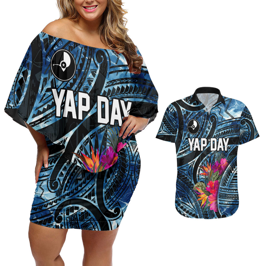 Yap Day Island Floral Tribal Heritage Couples Matching Off Shoulder Short Dress and Hawaiian Shirt Micronesian Hibiscus Pattern Polynesian Tattoo Blue Art