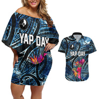 Yap Day Island Floral Tribal Heritage Couples Matching Off Shoulder Short Dress and Hawaiian Shirt Micronesian Hibiscus Pattern Polynesian Tattoo Blue Art