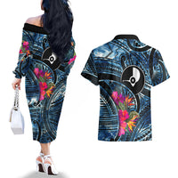 Yap Day Island Floral Tribal Heritage Couples Matching Off The Shoulder Long Sleeve Dress and Hawaiian Shirt Micronesian Hibiscus Pattern Polynesian Tattoo Blue Art