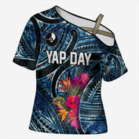 Yap Day Island Floral Tribal Heritage Cross Shoulder Shirt Micronesian Hibiscus Pattern Polynesian Tattoo Blue Art