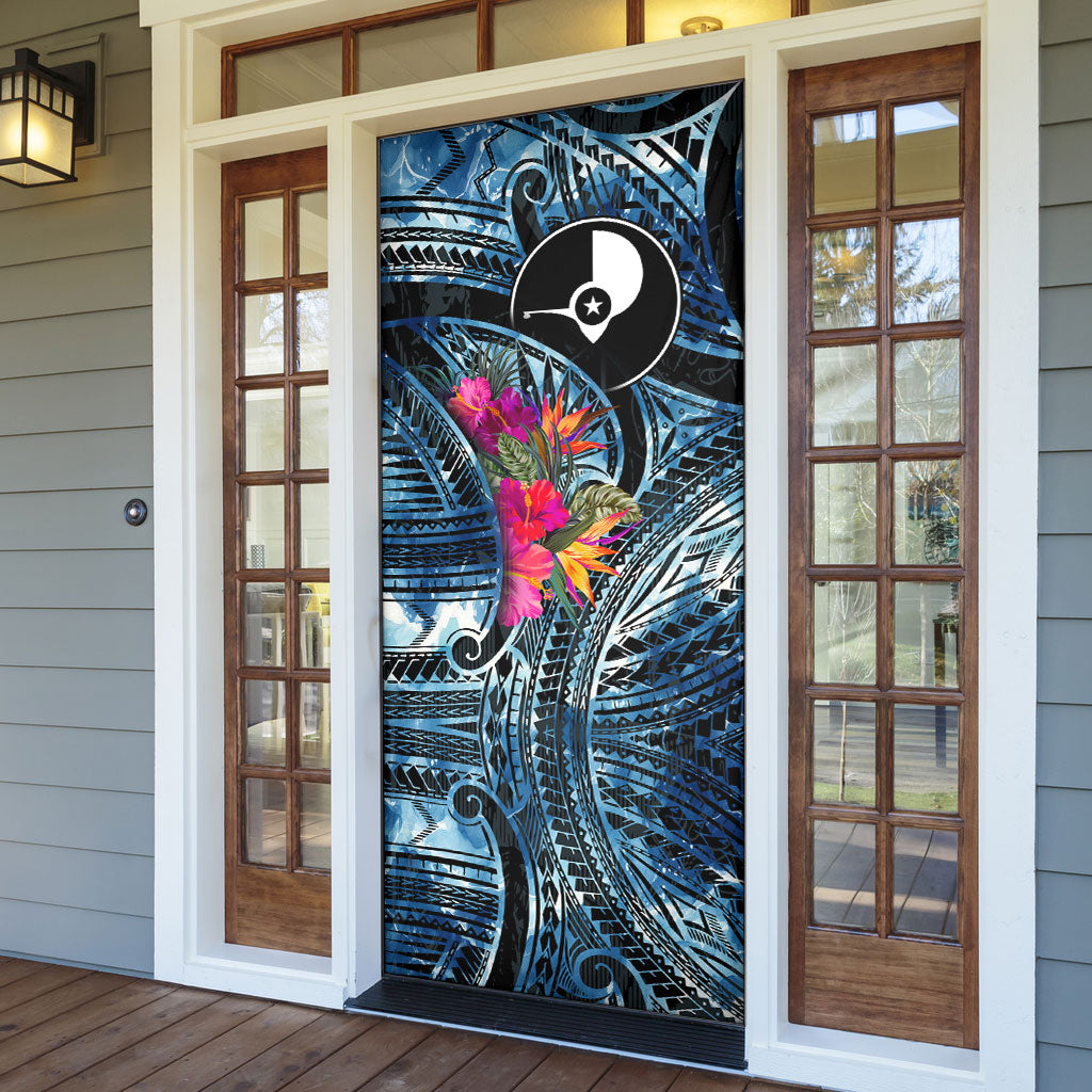 Yap Day Island Floral Tribal Heritage Door Cover Micronesian Hibiscus Pattern Polynesian Tattoo Blue Art