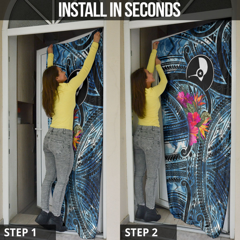 Yap Day Island Floral Tribal Heritage Door Cover Micronesian Hibiscus Pattern Polynesian Tattoo Blue Art