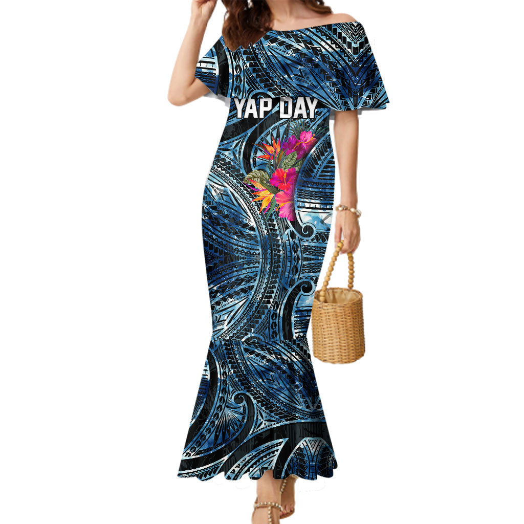 Yap Day Island Floral Tribal Heritage Family Matching Mermaid Dress and Hawaiian Shirt Micronesian Hibiscus Pattern Polynesian Tattoo Blue Art