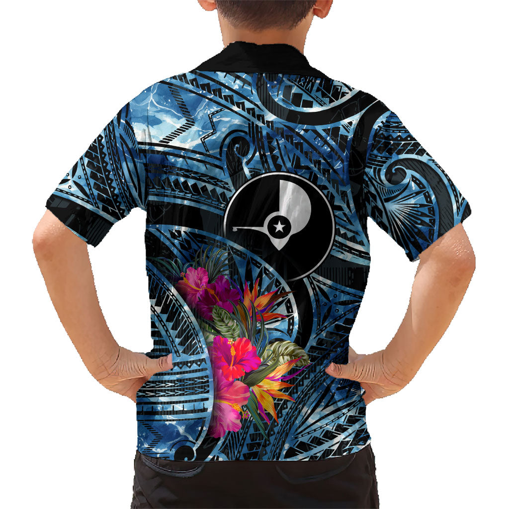 Yap Day Island Floral Tribal Heritage Family Matching Off Shoulder Maxi Dress and Hawaiian Shirt Micronesian Hibiscus Pattern Polynesian Tattoo Blue Art