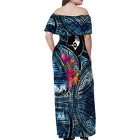 Yap Day Island Floral Tribal Heritage Family Matching Off Shoulder Maxi Dress and Hawaiian Shirt Micronesian Hibiscus Pattern Polynesian Tattoo Blue Art