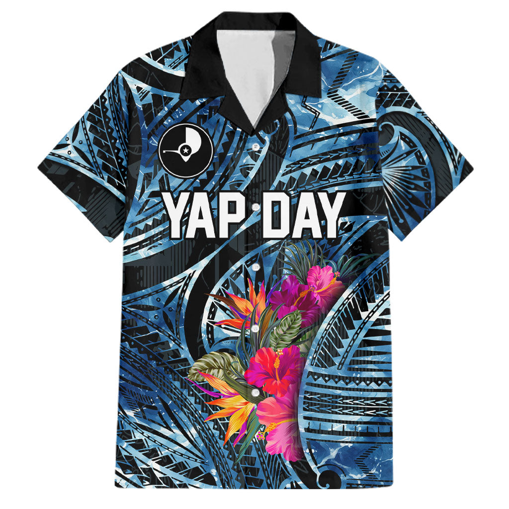 Yap Day Island Floral Tribal Heritage Family Matching Puletasi and Hawaiian Shirt Micronesian Hibiscus Pattern Polynesian Tattoo Blue Art