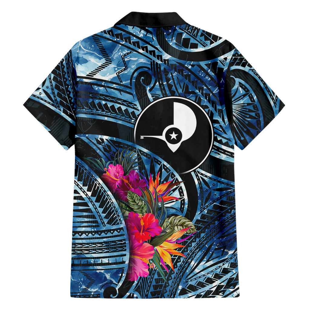 Yap Day Island Floral Tribal Heritage Family Matching Short Sleeve Bodycon Dress and Hawaiian Shirt Micronesian Hibiscus Pattern Polynesian Tattoo Blue Art