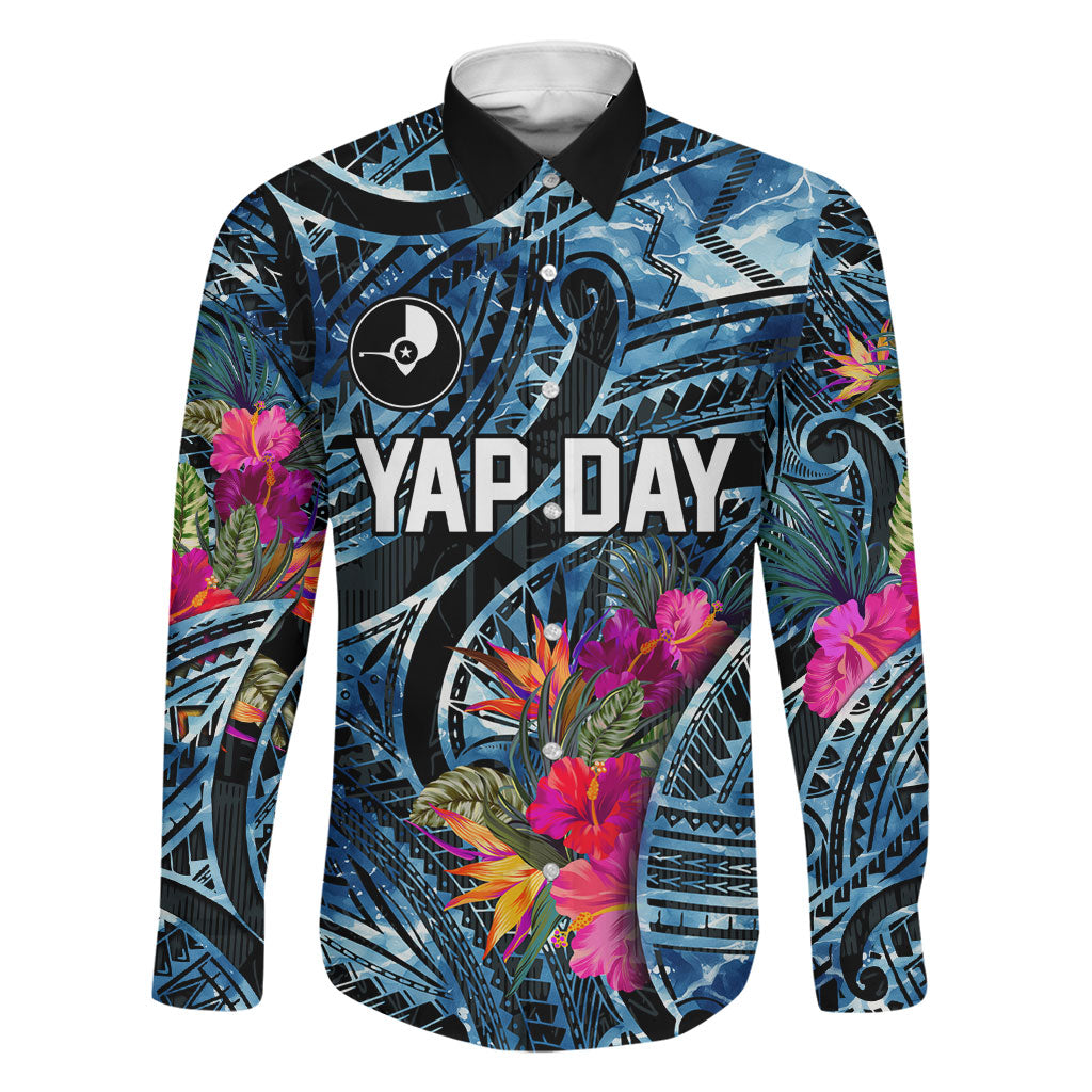 Yap Day Island Floral Tribal Heritage Family Matching Short Sleeve Bodycon Dress and Hawaiian Shirt Micronesian Hibiscus Pattern Polynesian Tattoo Blue Art