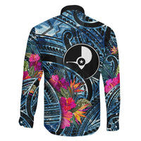 Yap Day Island Floral Tribal Heritage Family Matching Short Sleeve Bodycon Dress and Hawaiian Shirt Micronesian Hibiscus Pattern Polynesian Tattoo Blue Art
