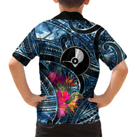 Yap Day Island Floral Tribal Heritage Family Matching Summer Maxi Dress and Hawaiian Shirt Micronesian Hibiscus Pattern Polynesian Tattoo Blue Art