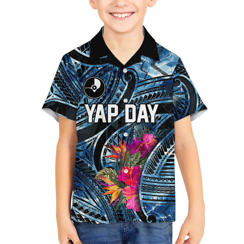 Yap Day Island Floral Tribal Heritage Family Matching Tank Maxi Dress and Hawaiian Shirt Micronesian Hibiscus Pattern Polynesian Tattoo Blue Art