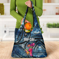Yap Day Island Floral Tribal Heritage Grocery Bag Micronesian Hibiscus Pattern Polynesian Tattoo Blue Art