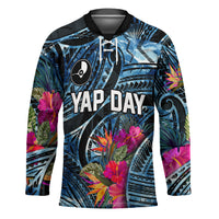 Yap Day Island Floral Tribal Heritage Hockey Jersey Micronesian Hibiscus Pattern Polynesian Tattoo Blue Art