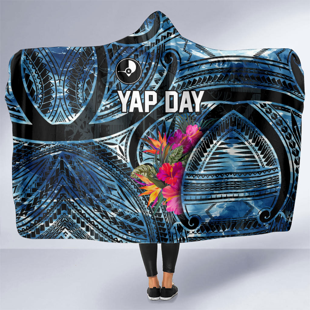 Yap Day Island Floral Tribal Heritage Hooded Blanket Micronesian Hibiscus Pattern Polynesian Tattoo Blue Art