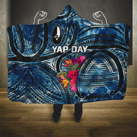 Yap Day Island Floral Tribal Heritage Hooded Blanket Micronesian Hibiscus Pattern Polynesian Tattoo Blue Art