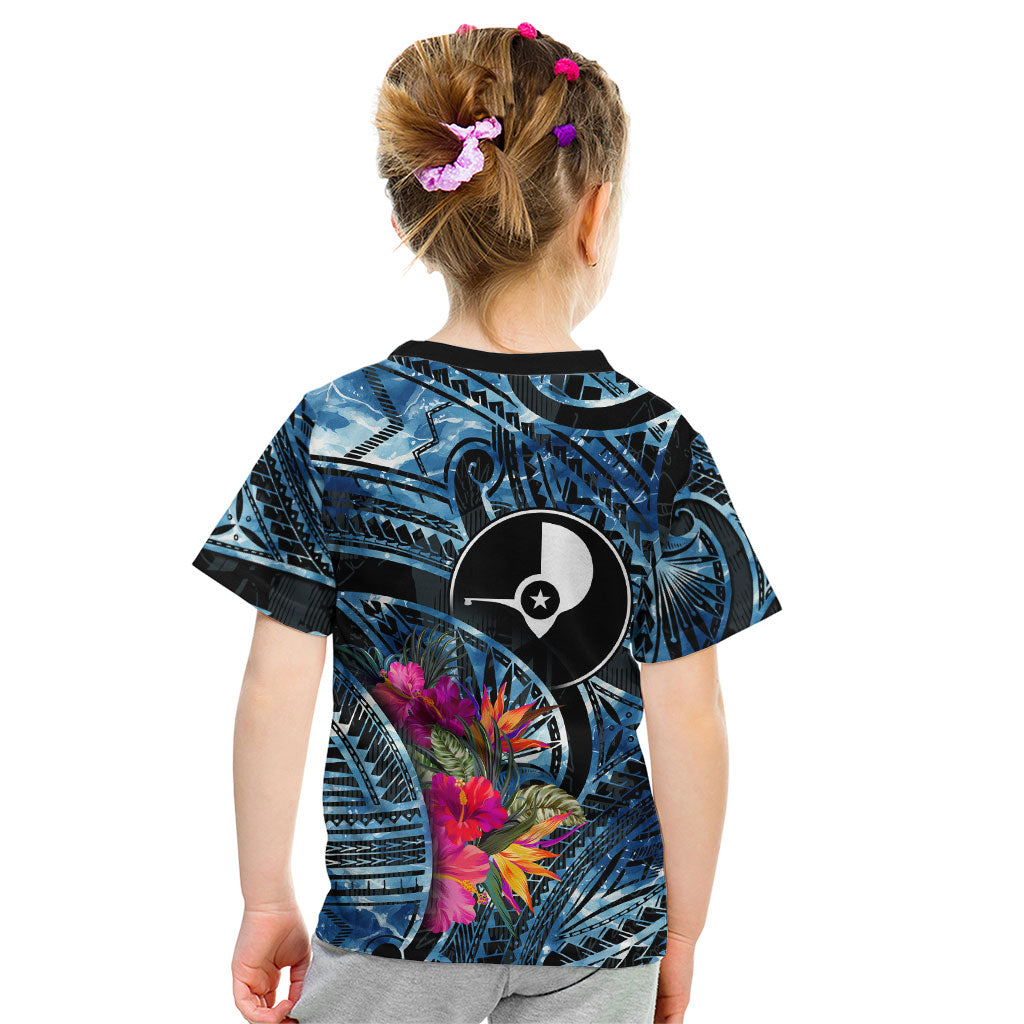 Yap Day Island Floral Tribal Heritage Kid T Shirt Micronesian Hibiscus Pattern Polynesian Tattoo Blue Art
