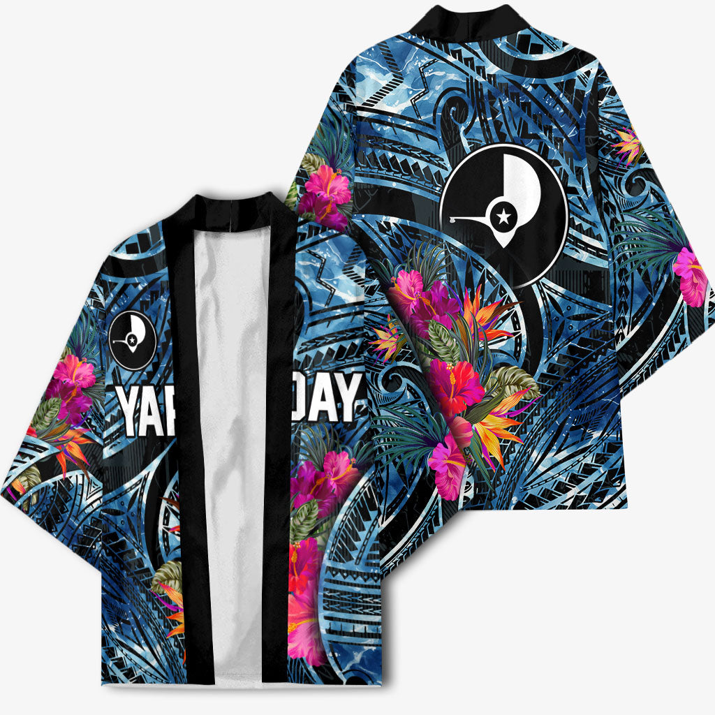 Yap Day Island Floral Tribal Heritage Kimono Micronesian Hibiscus Pattern Polynesian Tattoo Blue Art