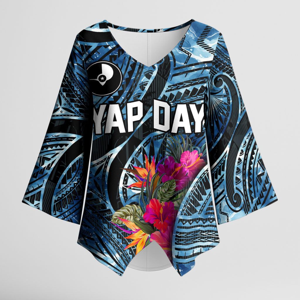 Yap Day Island Floral Tribal Heritage Kimono Sleeve Blouse Micronesian Hibiscus Pattern Polynesian Tattoo Blue Art