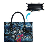 Yap Day Island Floral Tribal Heritage Leather Bag Micronesian Hibiscus Pattern Polynesian Tattoo Blue Art