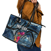 Yap Day Island Floral Tribal Heritage Leather Tote Bag Micronesian Hibiscus Pattern Polynesian Tattoo Blue Art