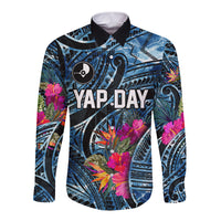 Yap Day Island Floral Tribal Heritage Long Sleeve Button Shirt Micronesian Hibiscus Pattern Polynesian Tattoo Blue Art