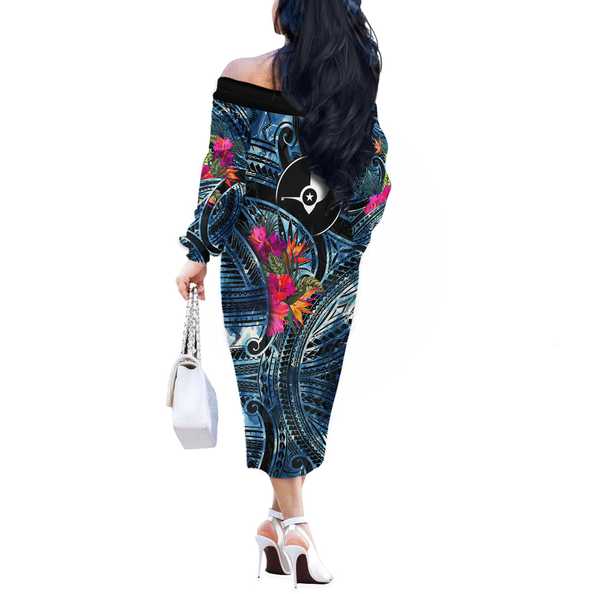 Yap Day Island Floral Tribal Heritage Off The Shoulder Long Sleeve Dress Micronesian Hibiscus Pattern Polynesian Tattoo Blue Art