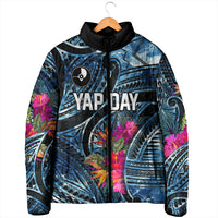 Yap Day Island Floral Tribal Heritage Padded Jacket Micronesian Hibiscus Pattern Polynesian Tattoo Blue Art