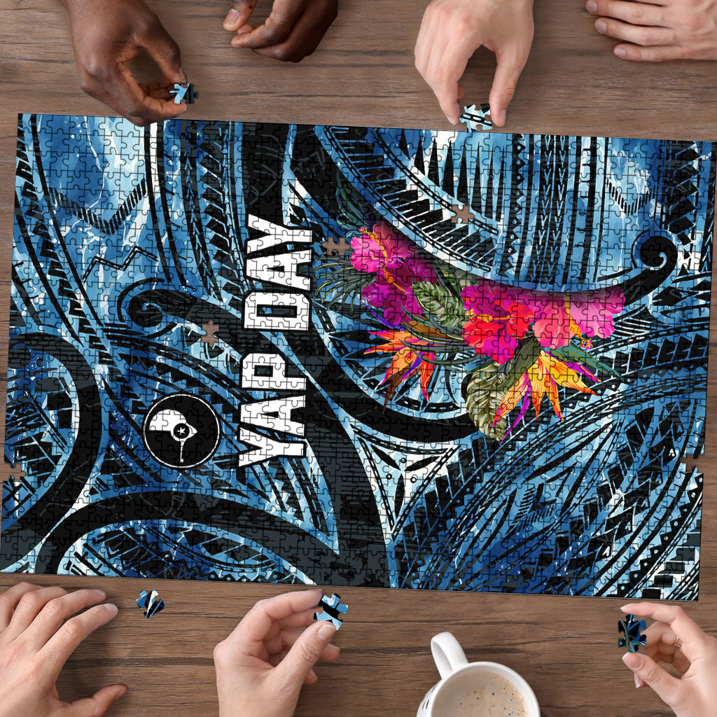 Yap Day Island Floral Tribal Heritage Puzzle Micronesian Hibiscus Pattern Polynesian Tattoo Blue Art