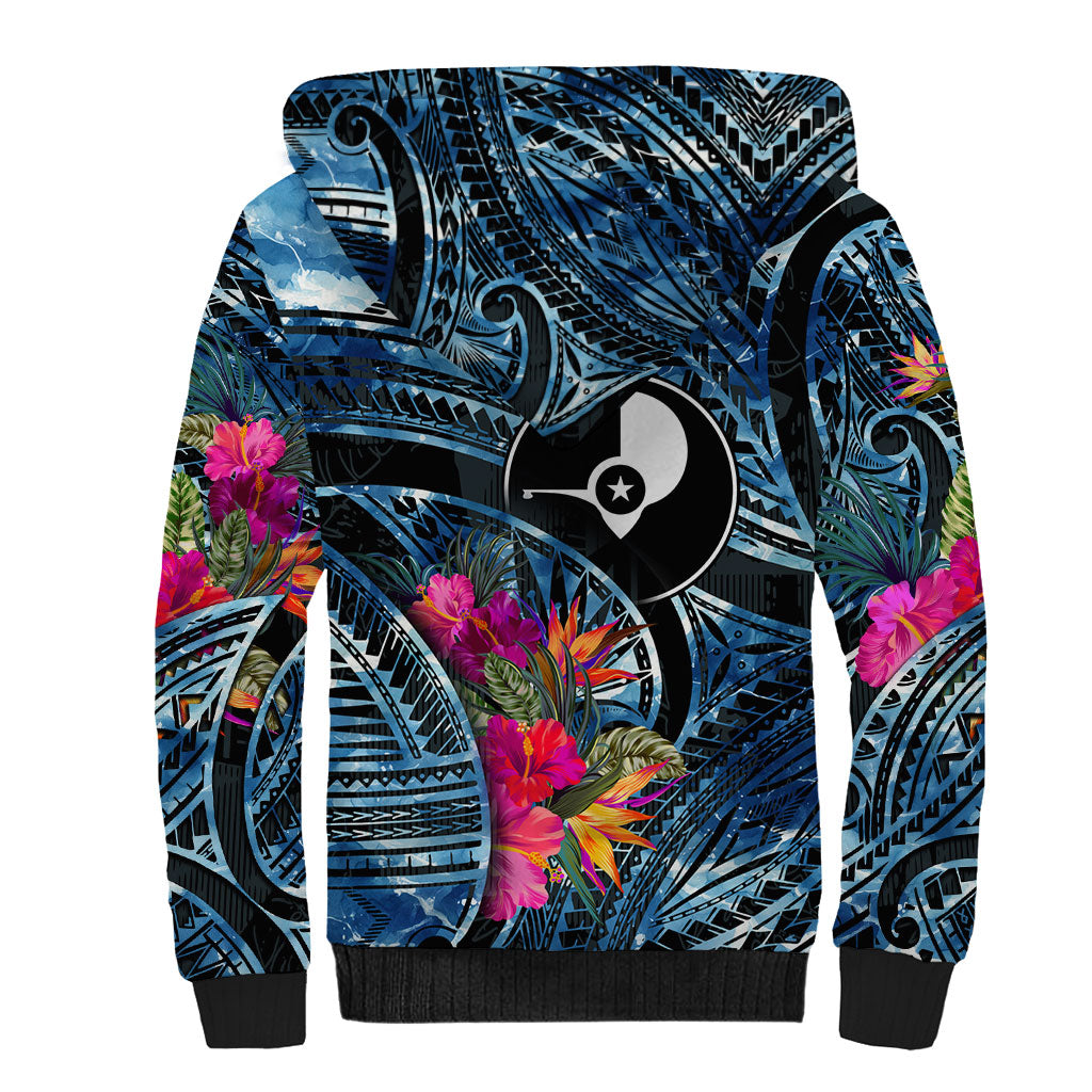 Yap Day Island Floral Tribal Heritage Sherpa Hoodie Micronesian Hibiscus Pattern Polynesian Tattoo Blue Art