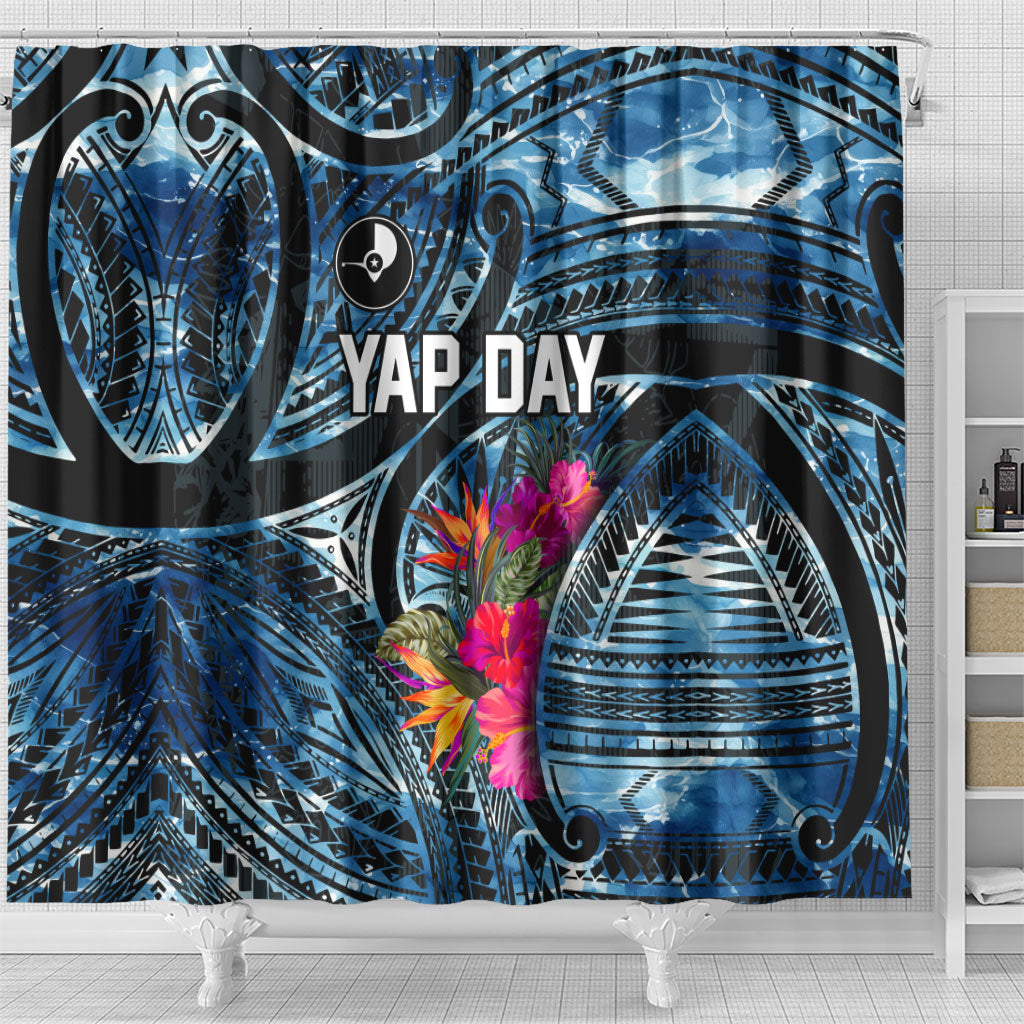 Yap Day Island Floral Tribal Heritage Shower Curtain Micronesian Hibiscus Pattern Polynesian Tattoo Blue Art