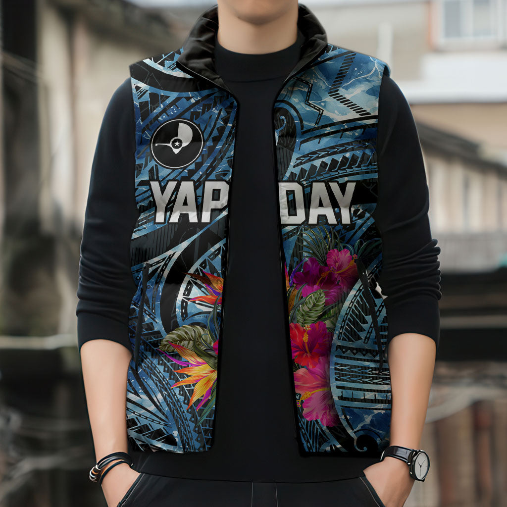 Yap Day Island Floral Tribal Heritage Sleeveless Puffer Jacket Micronesian Hibiscus Pattern Polynesian Tattoo Blue Art