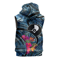 Yap Day Island Floral Tribal Heritage Sleeveless Zip Hoodie Micronesian Hibiscus Pattern Polynesian Tattoo Blue Art